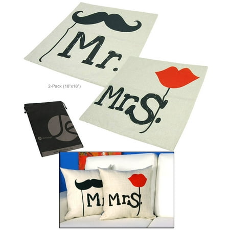 Mr And Mrs Throw Pillow Covers JAVOedge (SET OF 2) Mr. and Mrs. Couple (18 x 18 inch) Cotton Linen Square Decor Throw Pillow Case Cushion Cover ()