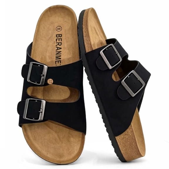 BERANMEY Unisex Cork Footbed Sandal for Womens Flat Slide Sandals Cork Footbed 2 Straps Adjustable Buckle Slip on Sandals with Comfort Arch Support for Slippers