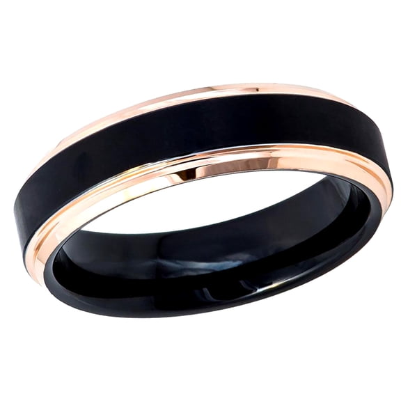 Men's Women's Tungsten Wedding Band Engagement Ring 6mm Two-Tone Black IP Rose Gold IP Brushed Center Stepped Edge