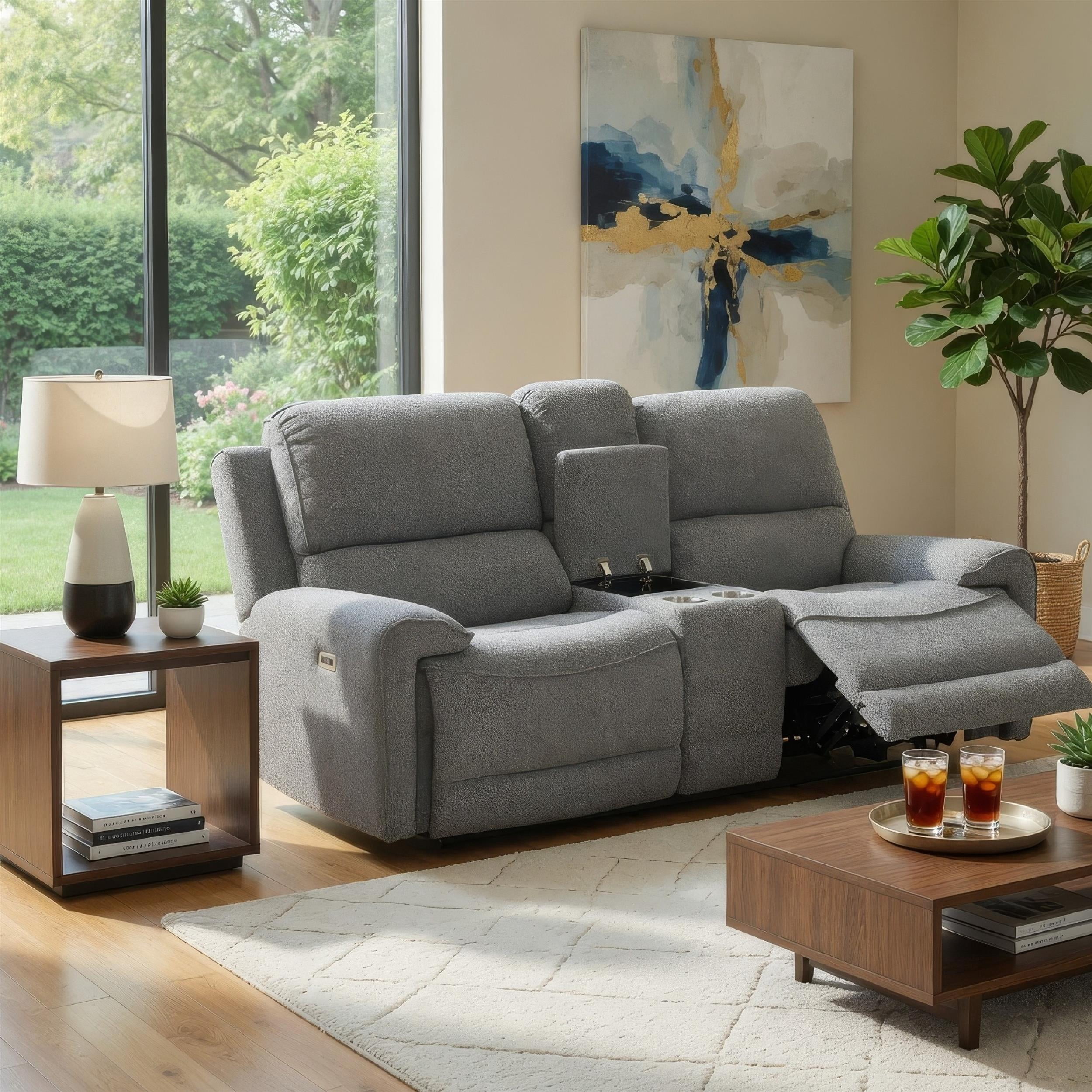 Benjara Cote Loveseat- Power Reclining- Gray Boucle- Center Console- 73 Inch