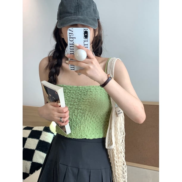 Camisola fruncida de verano para mujer de VISgogo, blusas cortas de chifón informales sin mangas de Color sólido para ropa de calle de playa, ropa para discoteca VISgogo moda
