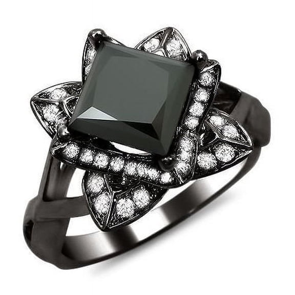 Dreamofdazzles Jewels 3.00Ct Princess Cut Black Diamond Engagement Wedding Flower Band Ring 14K Black Gold Plated 925 Sterling Silver For Women's -5