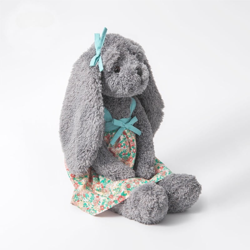 Gray Bunny Plush Doll with Floral Dress, Soft Stuffed Rabbit Toy, Cute Decorative Plush Figure for Home Display and Gift Giving