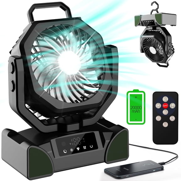 20000mAh Portable Camping Fan Rechargeable,Cuopluber Max 68 Hrs Runtime Battery Operated Tent Fans with LED Lantern,5 Wind Speeds,4 Timer Modes,Desk Fan for Travel,Power Outages (Black)