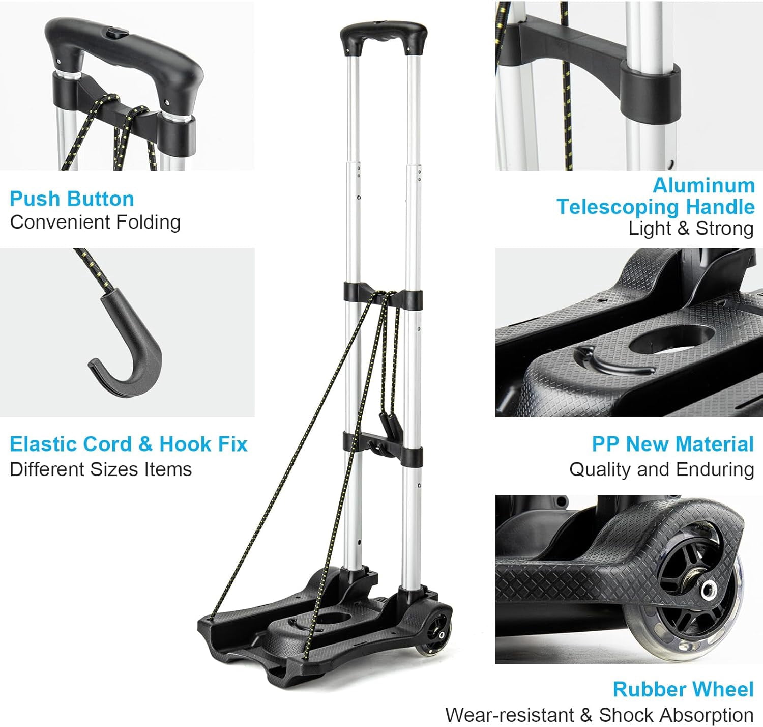 Lightweight Folding Hand Truck Dolly with 2 Wheels, Portable Luggage Cart for Airport Travel and Moving