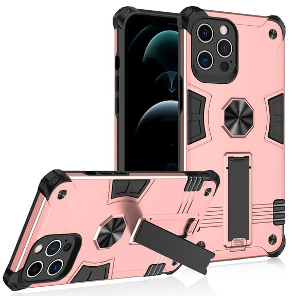 For iPhone 12 Pro (Camera Punch) Motor Magnetic Ring Kickstand Hybrid Case Cover - Rose Gold