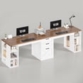 thumbnail image 3 of 96.5 Inch 2 Person Desk with Storage, Farmhouse Double Desk with Drawers and Open Shelves, Home Office Desk with Printer Stand and File Drawer, White & Brown, 3 of 9