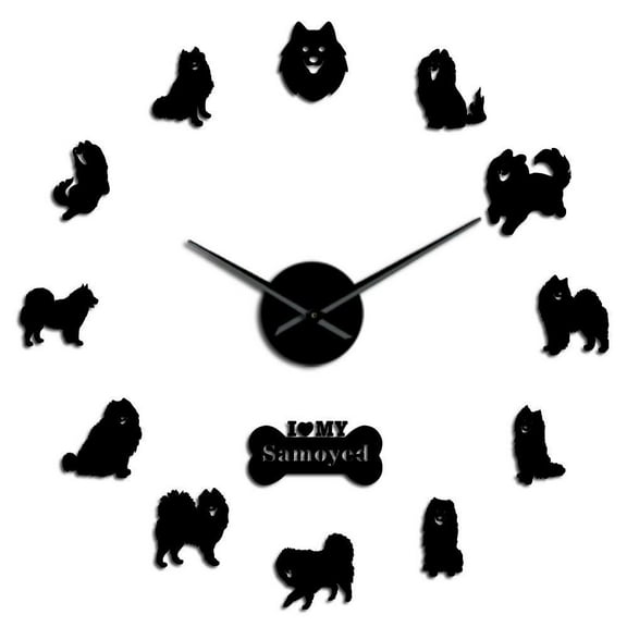 Samoyed Dog Breed Portrait DIY BIG Wall Clock Frameless Puppy Pet Acrylic Mirror Surface Wall Sticker Mute Wall Watch Home Decor(Black,27inch)