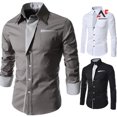 thumbnail image 4 of Am moda hombres cuello de pie manga larga Color bloque botón hasta camisa Slim Fit Toppangjing, 4 of 4