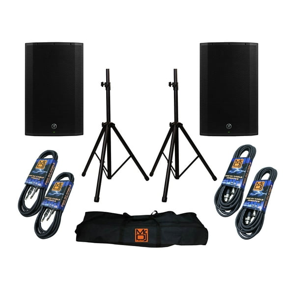 Mackie Thump212 12" Powered Loudspeaker with MR DJ Heavy Duty Aluminum Speaker Stands with 1/4 inch Cables, Carrying Case & 2 XLR Cables Bundle