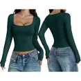 thumbnail image 3 of Chemises à Manches Longues pour Femmes Crop Tops Col Carré Sorties Basiques Tees Y2K Vêtements d'Hiver Vert Foncé m, 3 of 7