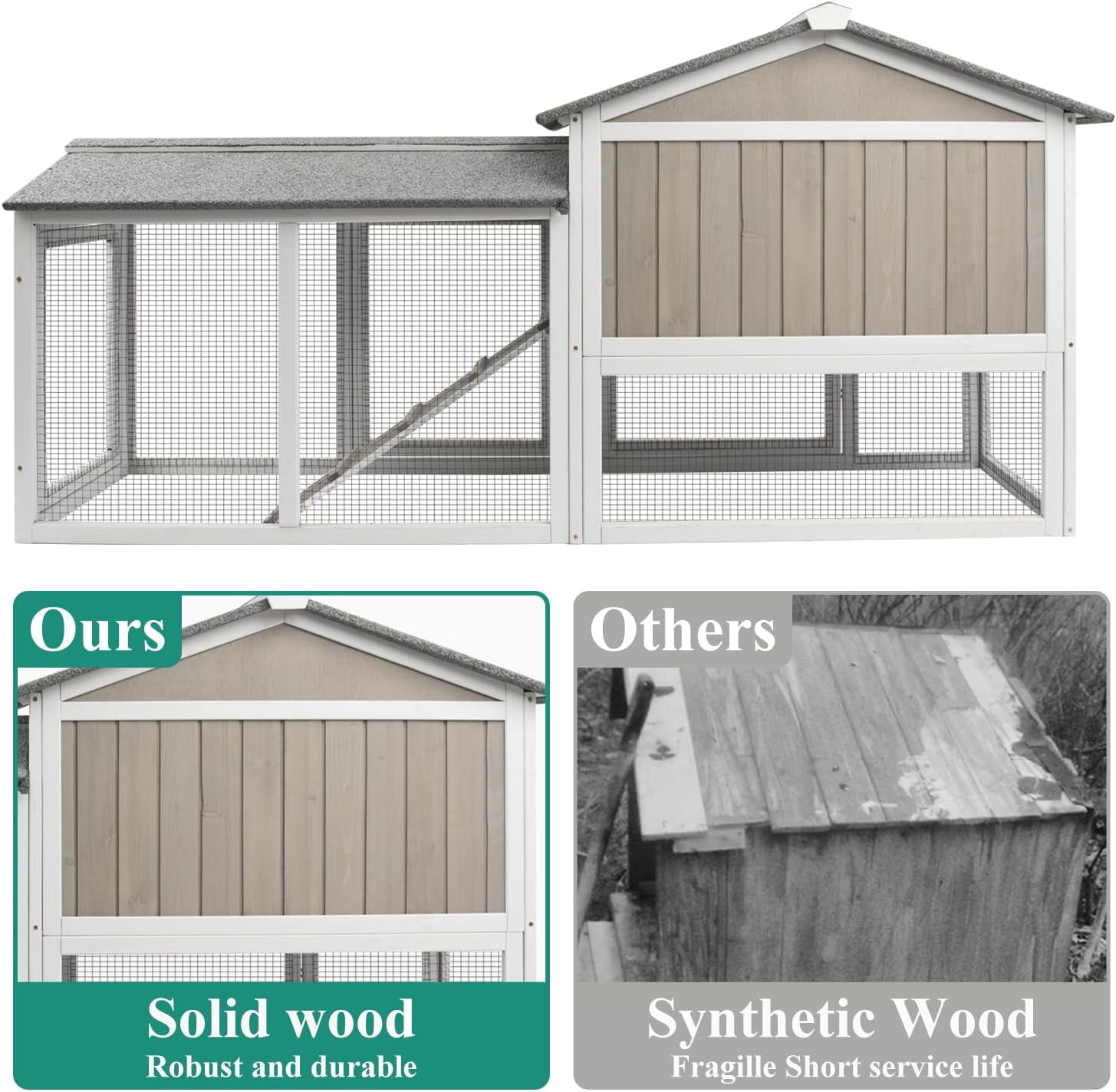 Rabbit Hutch Indoor Bunny Cage Outdoor Bunny Hutch with Pull Out Tray, Wooden Large Rabbit Cage with Run Weatherproof Roof, Guinea Pig Hutch (Grey, 55.1" L x 17.7" W x 33.4" H)