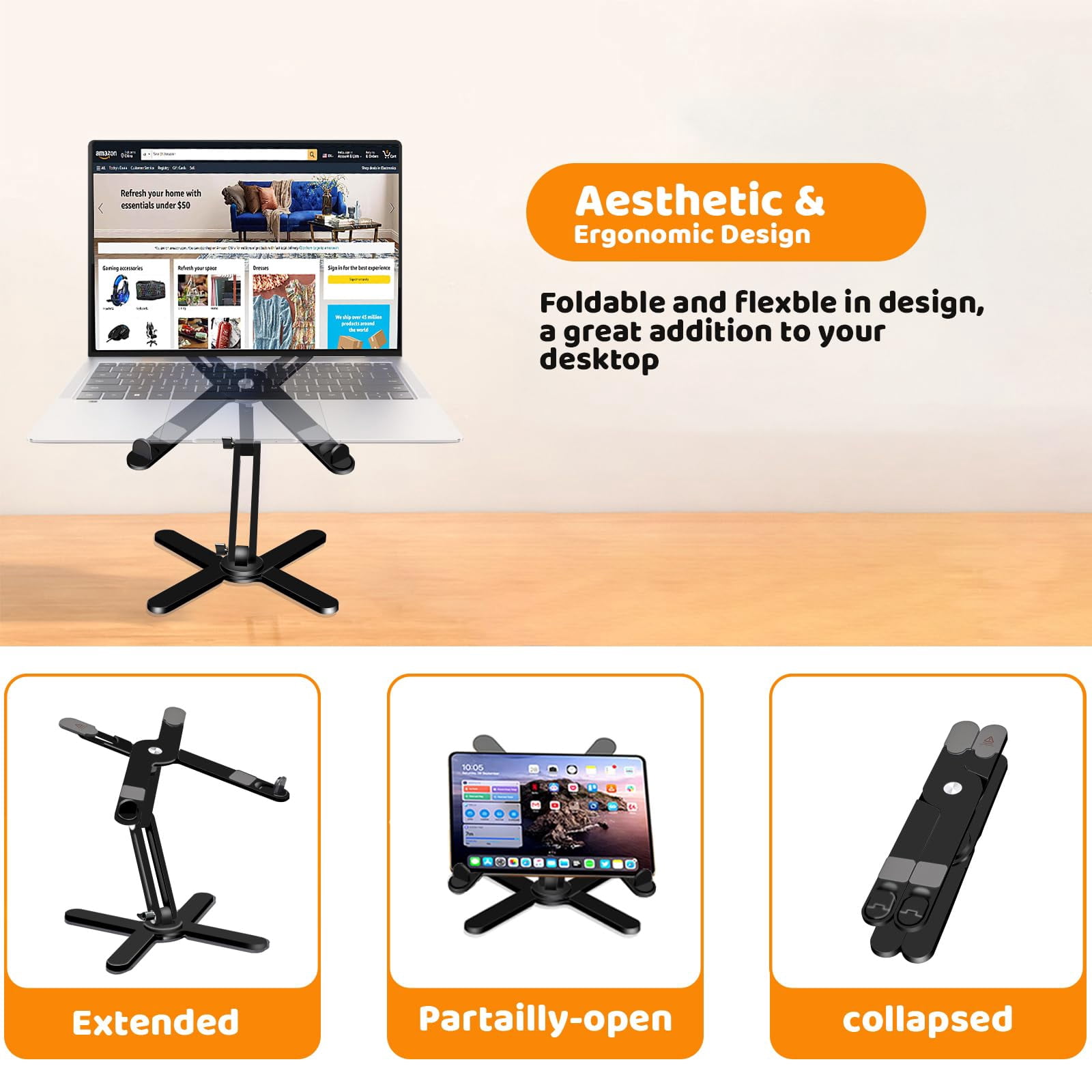 Laptop Stand With 360 Rotating Base  Computer Notebook Riser Metal Holder For Desk Collaborative Work Fully Foldable Easy Storage Fits All Macbook Laptops Up To 16 Inches Black