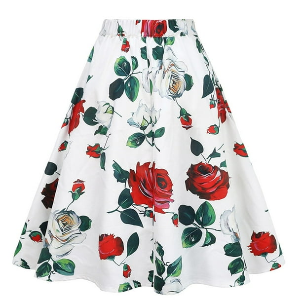 Gibobby faldas largas de mujer elegantes Falda Vintage con bolsillo estampado de flores de cintura alta para mujer a la moda(Blanco, M)