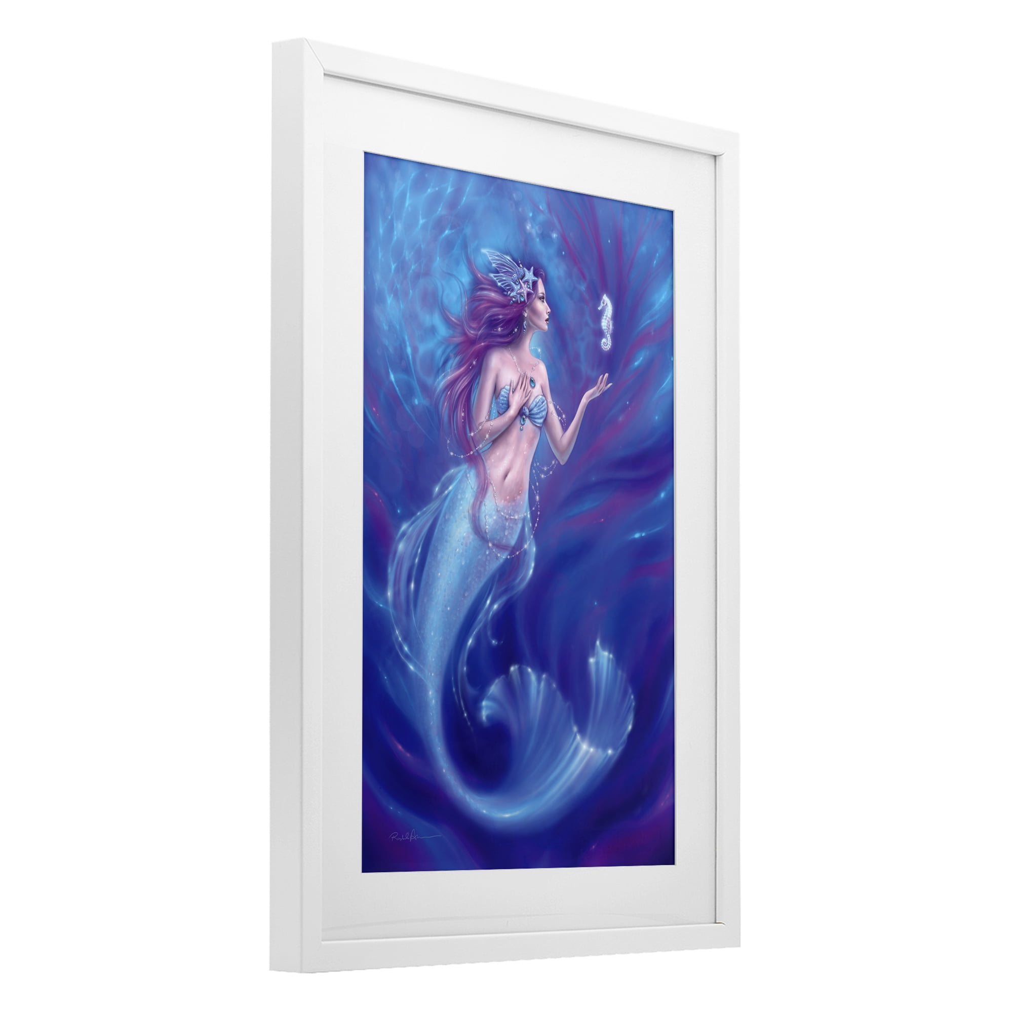 Jewel Bedecked Mermaid & Seahorse White Framed Print Under Glass, design by Rachel Anderson