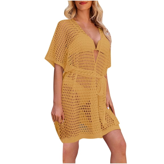 yillto Womens Swimsuit Cardigan Short Sleeve Crochet Hollow out Coverup Summer Beach Knit Swim Cover Up