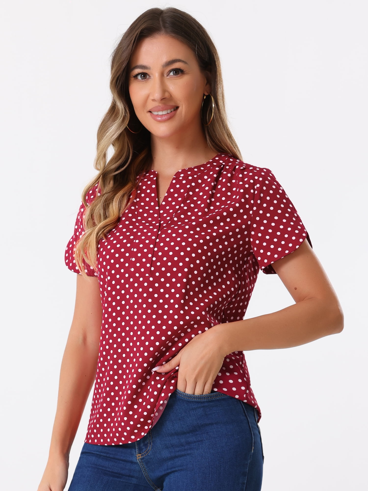 DARING DIVA V Neck Dots Printed Work Office Blouse Top S Red