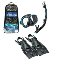 TUSA Sport Adult Powerview Mask, Dry Snorkel, and Fins Travel Set, Medium, Black/Ocean Green