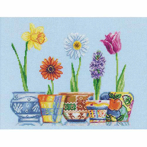 RTO Flower Pots Counted CrossStitch Kit, 133/4" x 11", 14 Count