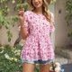 thumbnail image 2 of Camiseta holgada de verano con cuello redondo y estampado floral de manga corta con dobladillo con volantes para mujer, 2 of 8