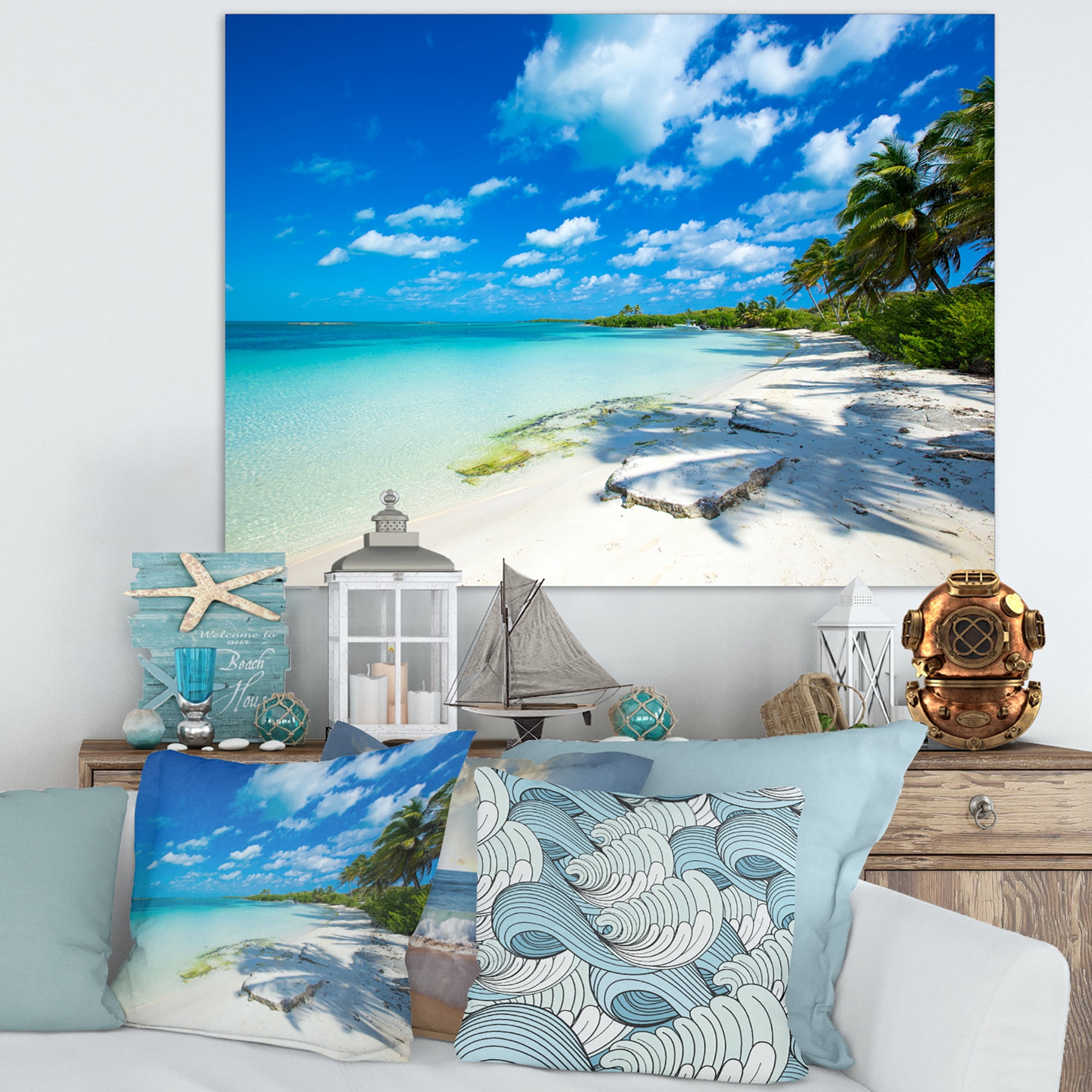 Designart 'Tropical Beach with Palm Shadows ' Large Seashore Canvas Print