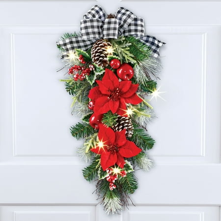 Poinsettia Day Lighted LED Buffalo Plaid Bow Poinsettia Swag with Pinecone and Holly Accents - Holiday Home decor ()