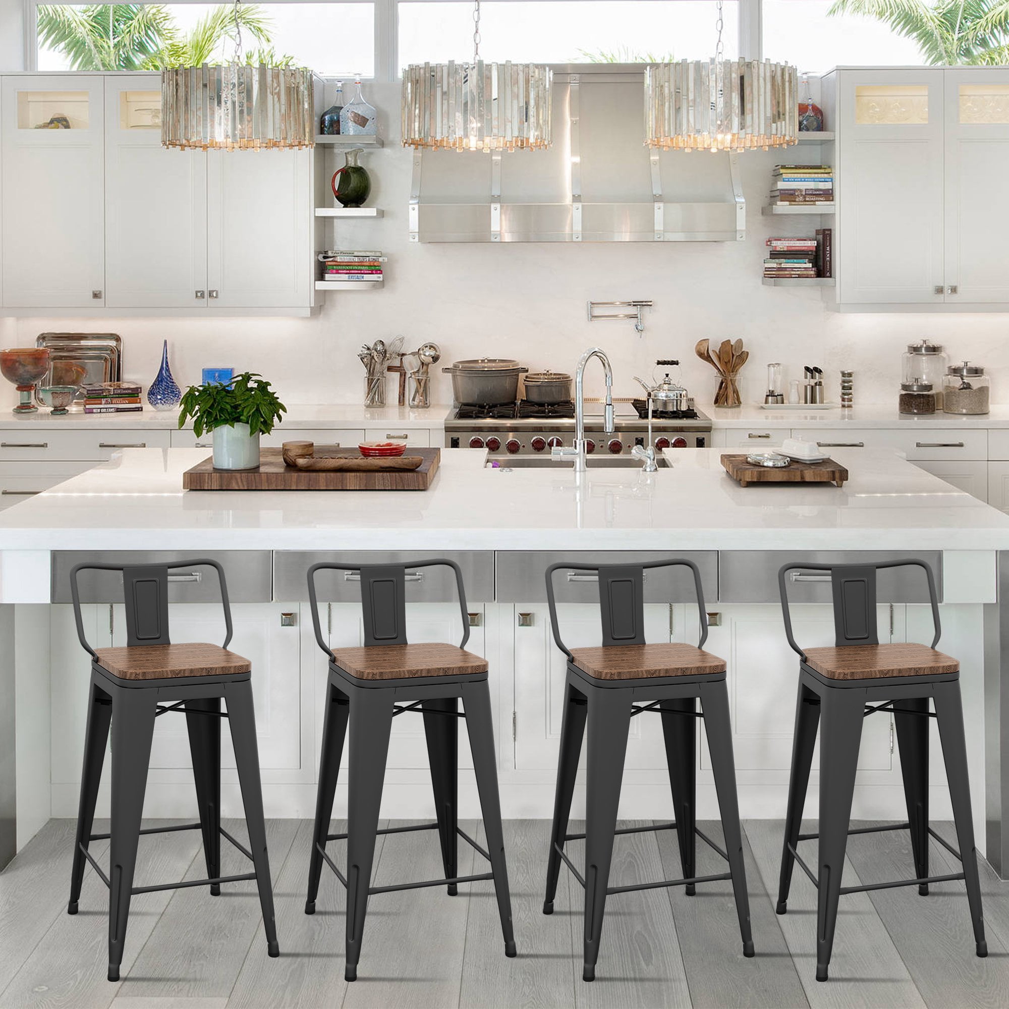 Andeworld 26" Metal Barstools Set of 4 Counter Height Bar Stools with Back (26" Seat Height, Wooden Top Low Back Matte Black)