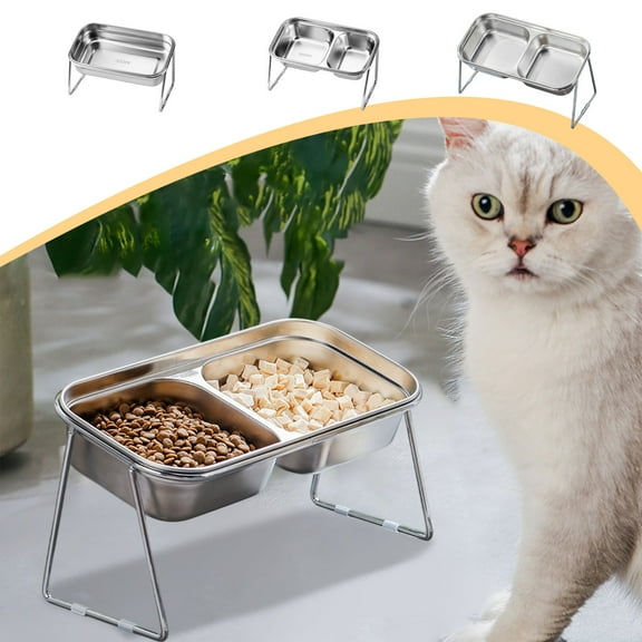 Nebwoak Elevated Stainless Steel Pet Double Bowl with Metal Stand - Anti-Spill, Neck-Friendly for Cats & Small-Medium Dogs, Dishwasher-Safe, 2 Compartments for Food & Water