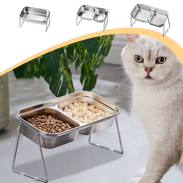 Cuenco para perros para gatos de acero inoxidable | Alimentador doble de comida y agua | 304 Plato de gatito elevado antideslizante de acero | Diseño de protección para el cuello inclinado | Plata