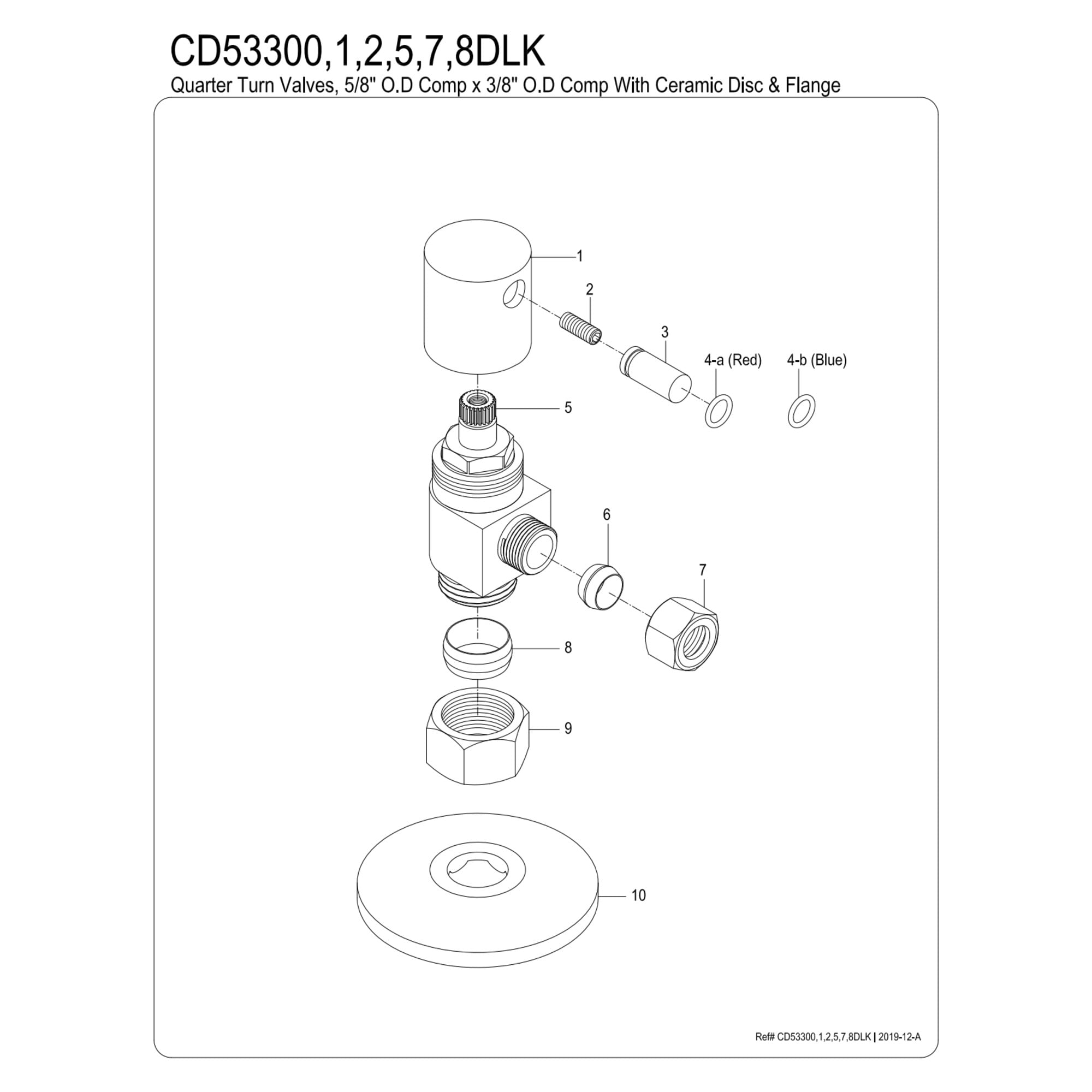Kingston Brass CD53302DLK 5/8-Inch O.D. Comp x 3/8-Inch O.D. Comp Anti-Seize Deluxe Quarter-Turn Ceramic Hardisc Cartridge Angle Stop with Flange in Polished Brass