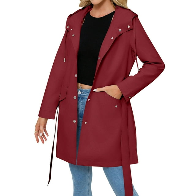 Manteau Imperméable Coupe-Vent pour Femmes à Capuche Classique avec Ceinture à Nouer et Cordon, Activités de Plein Air, Rouge Vin, m
