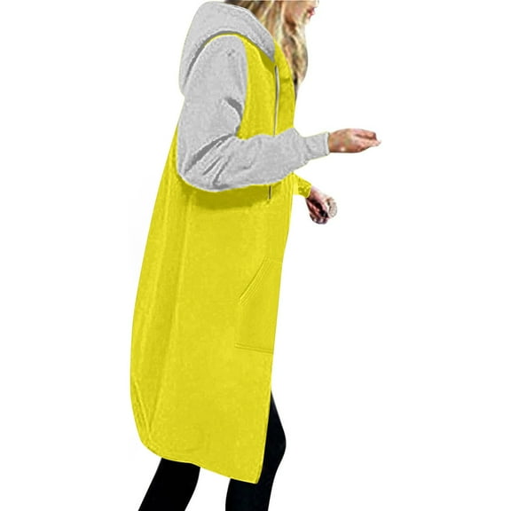 Usmixi 2023 Sweatshirt Coat for Women Womens Long Coat Open Full Zipper Drawstring Hooded Sweater Outwear with Pocket Fashion Color Block Fleece Overcoat Winter Sweatshirt Coat