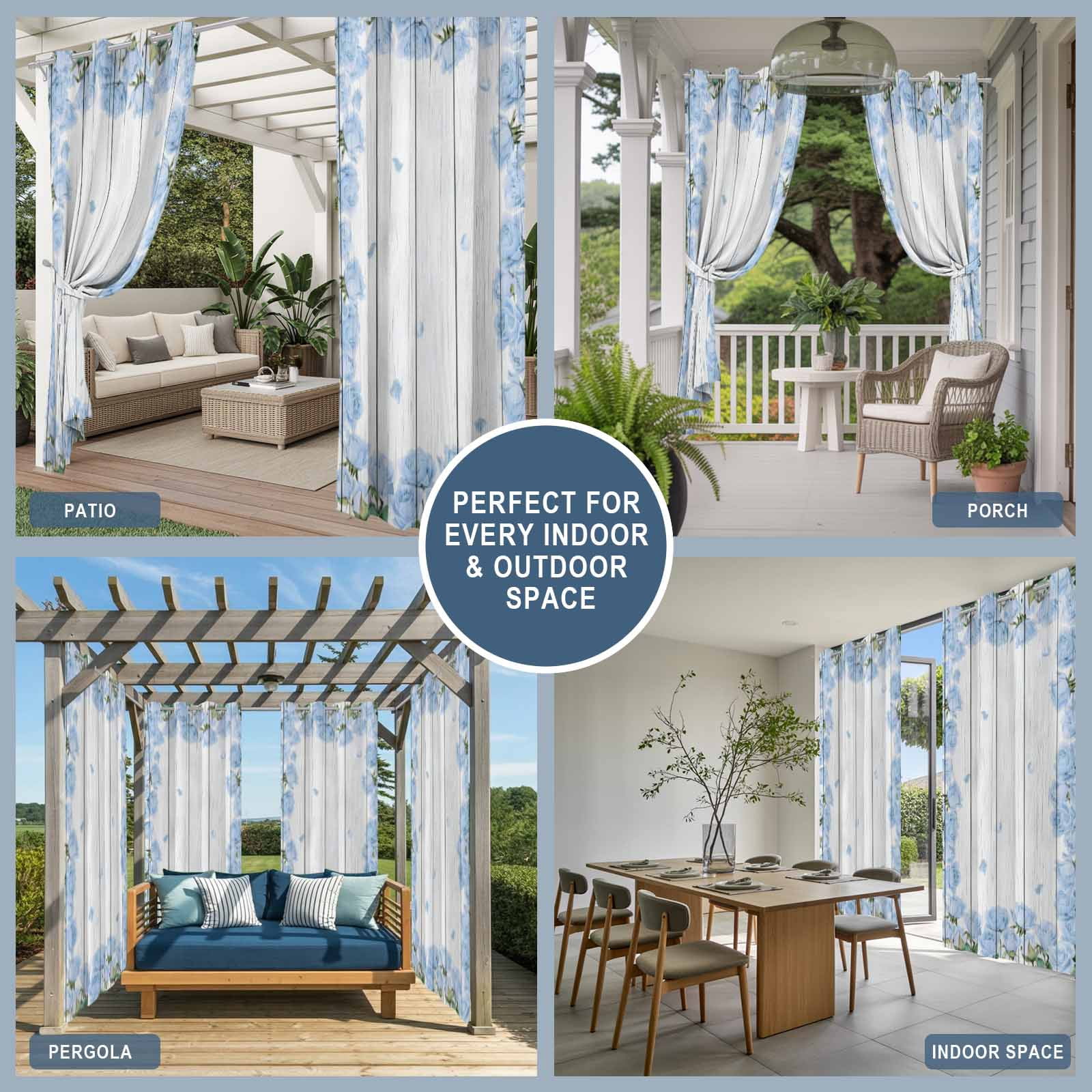 Farmhouse Flower Outdoor Curtains for Patio, Blue Rose Wreath Rustic Country White Wood Grain Sunshade Privacy Drapes Grommet Waterproof Outside Curtains for Porch/Cabana/Balcony 54"x 108", 1 Panel