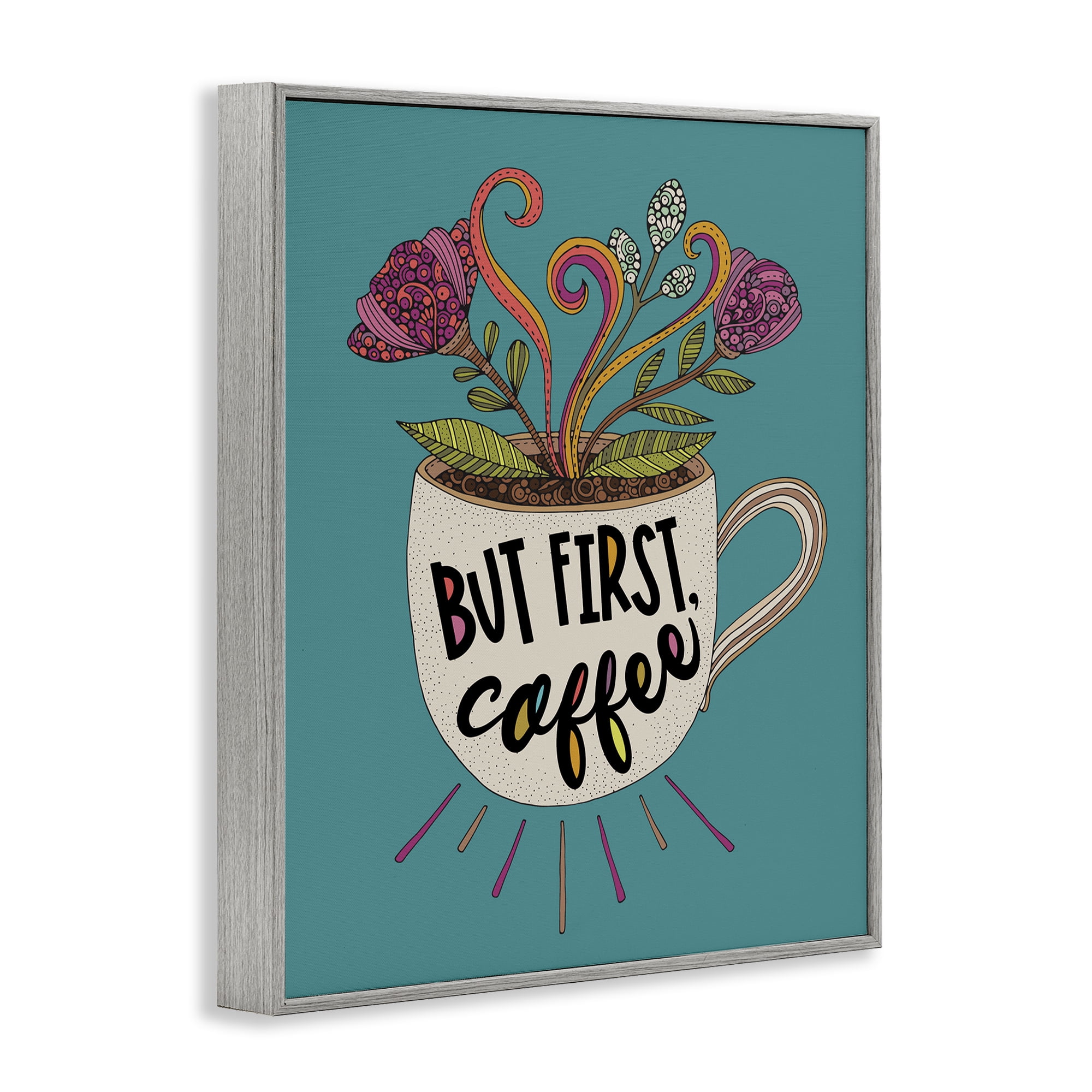 Stupell Industries First Coffee with Florals Botanical & Floral Painting Gray Framed Art Print Wall Art, 16 x 20