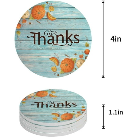 

FMSHPON Happy Thanksgiving Autumn Pumpkin Blue Wood Grain Set of 6 Round Coaster for Drinks Absorbent Ceramic Stone Coasters Cup Mat with Cork Base for Home Kitchen Room Coffee Table Bar Decor
