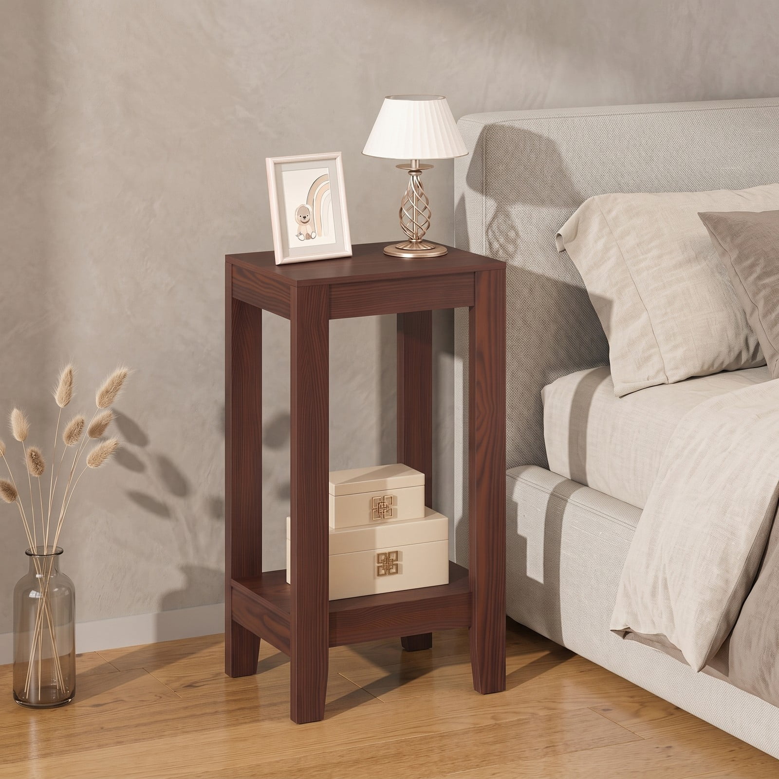 Furnibear Tall Wooden Sofa End Table 2-Tier Side Table with Storage Shelf and Sturdy Legs for Living Room Bedroom, Anti-Toppling Narrow Nightstand Accent Table, Brown