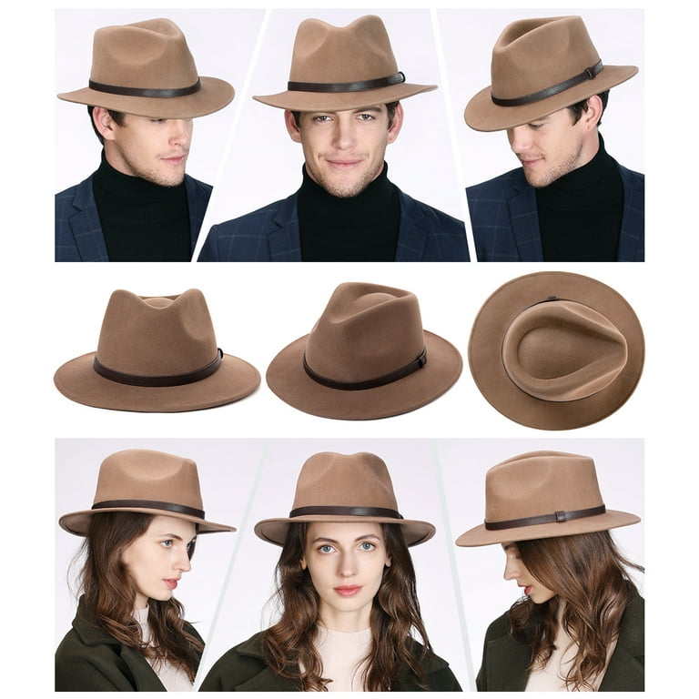 Mens Womens Homburg Gangster Hat Wool Trilby Fedora 1920s Derby Feather Manhattan Mafia Godfather Winter Camel M L