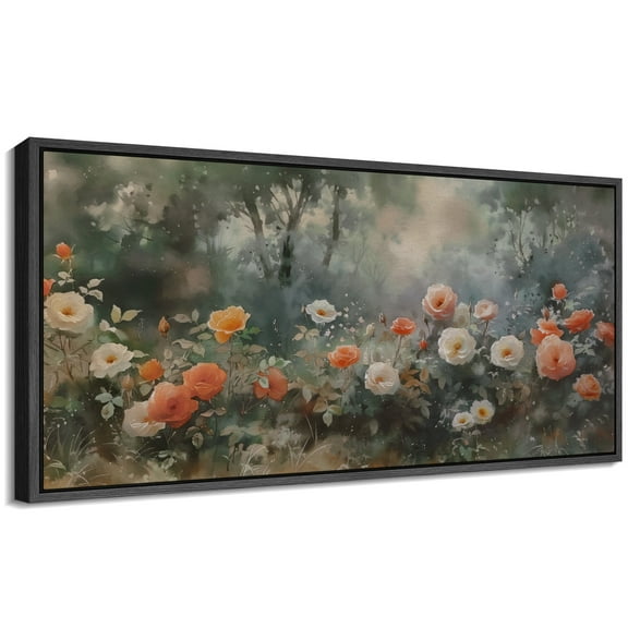 Large Framed Canvas Print Romantic Rose Garden - Watercolor FloralWall Art Decorative Ready to Hang Painting for Living room Bedroom 60x30 inches Black Frame