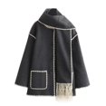 thumbnail image 3 of HH TRAF Abrigo de invierno para mujer, abrigo de botonadura sencilla en contraste con bufanda con borlas, chaqueta holgada de manga larga, tops casuales elegantes, 3 of 5