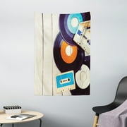 Indie Tapestry, Gramophone Records and Old Audio Cassettes on Wooden Table Nostalgia Music, Wall Hanging for Bedroom Living Room Dorm Decor, 40W X 60L Inches, Blue Orange Black, by Ambesonne