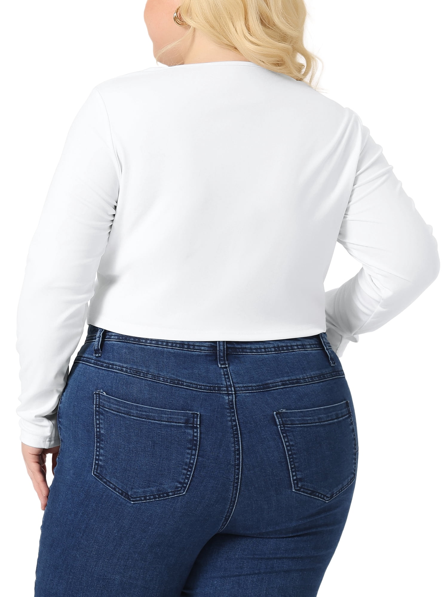 Unique Bargains Women Plus?Size Long Sleeve Round Neck Cut Out Front Fitted T-Shirts 4X White