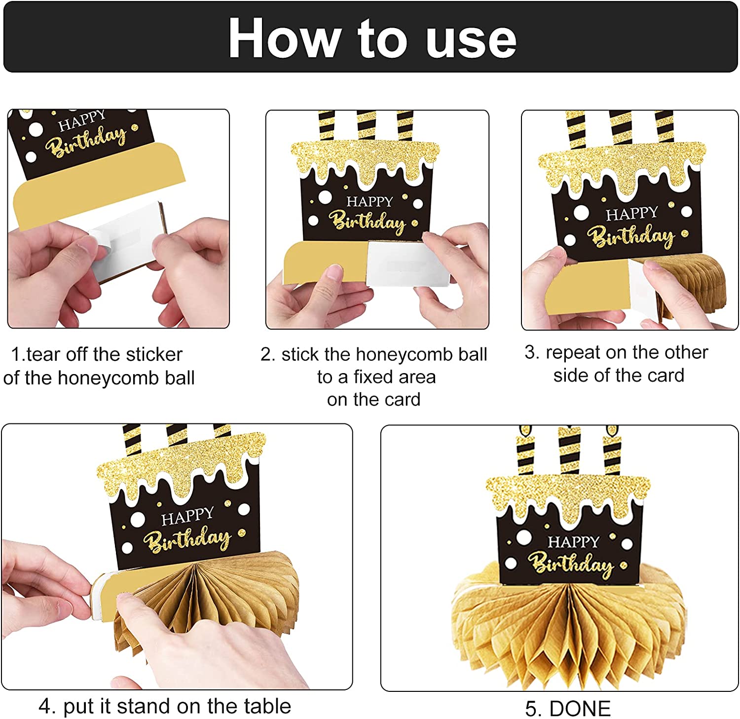 9-Piece Black and Gold 50th Birthday Honeycomb Centerpieces photo 4