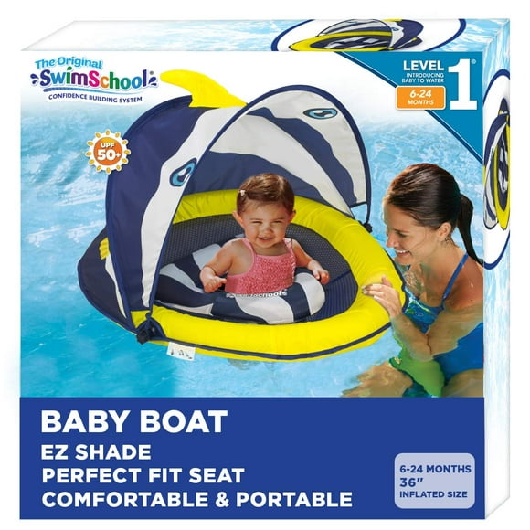 SwimSchool Deluxe Baby Float with Adjustable Canopy - 6-24 Months - Baby Swim Float with Splash & Play Activity Center Safety Seat - Navy/White