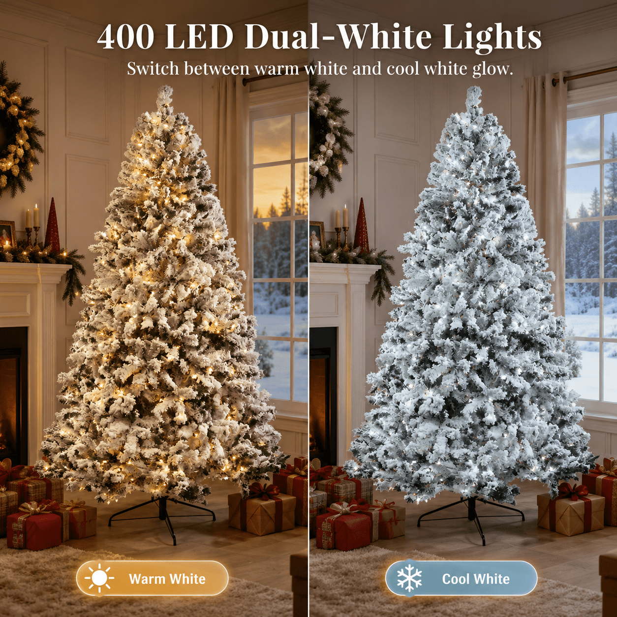 Alvantor 7 ft Pre-Lit Snow-Flocked Artificial Christmas Tree with 400 Warm and Cool White LED Lights, Remote Control and 1000 PVC Tips