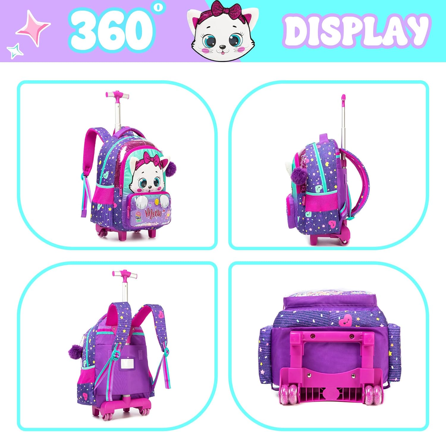 Rolling Backpacks for Girls School Bags Roller Kids Purple Backpack with Lunch Box Pencil Case for Elementary Students Bookbag Ages 6-12