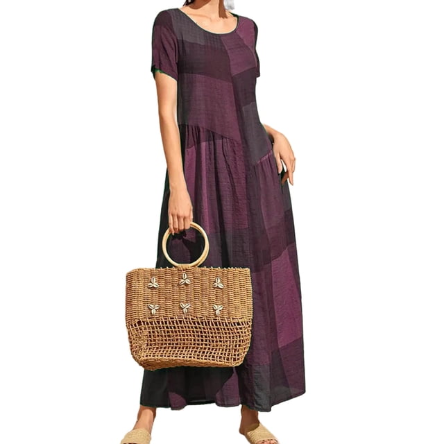 Tauxra Robe Maxi pour Femmes Coupe Ample à Étages, Robe d'Été de Plage à Blocs de Couleur à Manches Courtes, Longue Robe Décontractée à Col Rond