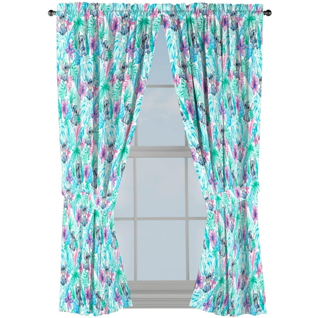 Jay Franco - Juego de cortinas para ventana para dormitorio infantil, 4 piezas, con 2 alzapaños, color azul, Lilo & Stitch, 42 pulgadas de ancho x 63 pulgadas de largo (paquete de 2)