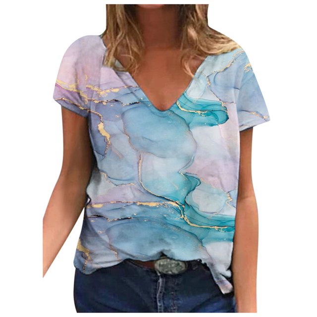 Moda Mujer Cuello en V Manga corta Impresión Jersey Blusas sueltas Tops Camiseta OAVQHLG3B Store lin121212