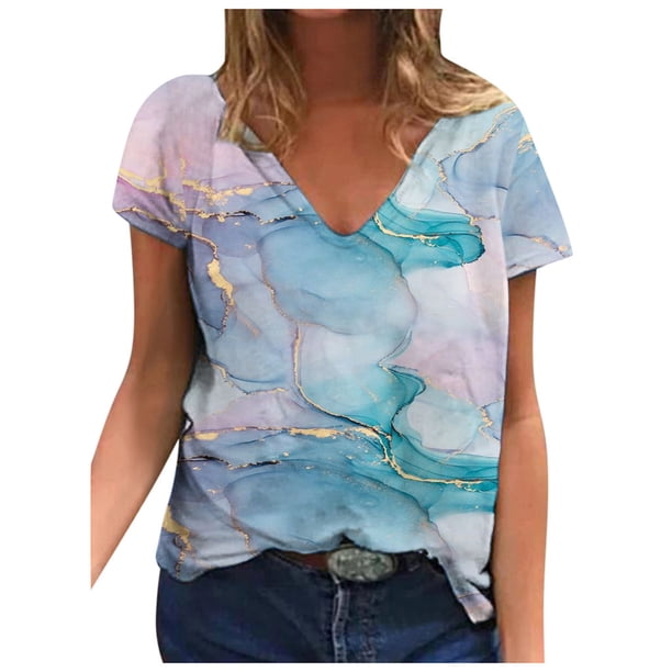 Moda Mujer Cuello en V Manga corta Impresión Jersey Blusas sueltas Tops Camiseta OAVQHLG3B Store lin121212
