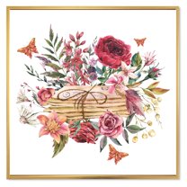 Wildflowers With Vintage Old Letters 36 in x 36 in Framed Painting Canvas Art Print, by Designart